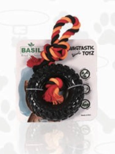 Rubber tyre with Rope for Tugging, hollow centre for treat surfing - PetsCura