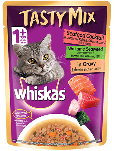 Whiskas Tasty Mix Seafood Cocktail And Wakame Seaweed in Gravy - PetsCura