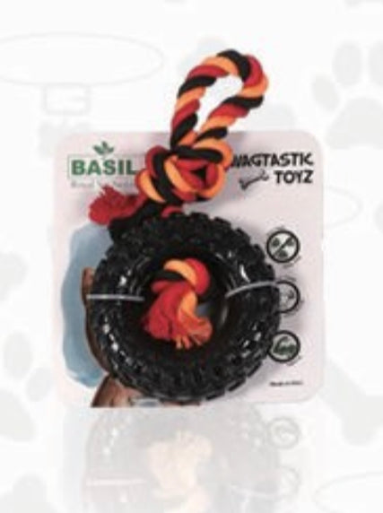 Rubber tyre with Rope for Tugging, hollow centre for treat surfing